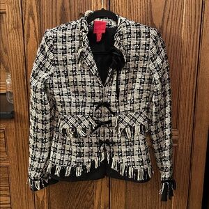 JS Collections Tweed Plaid Blazer Velvet‎ Bows Black White Green Holiday Size 4